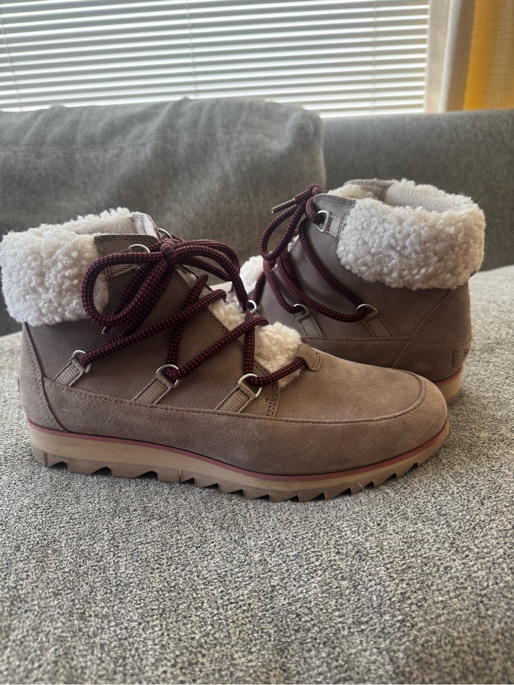 Sorel Taupe Suede Shearling-Lined Lace-Up Winter Boots with Burgundy Laces